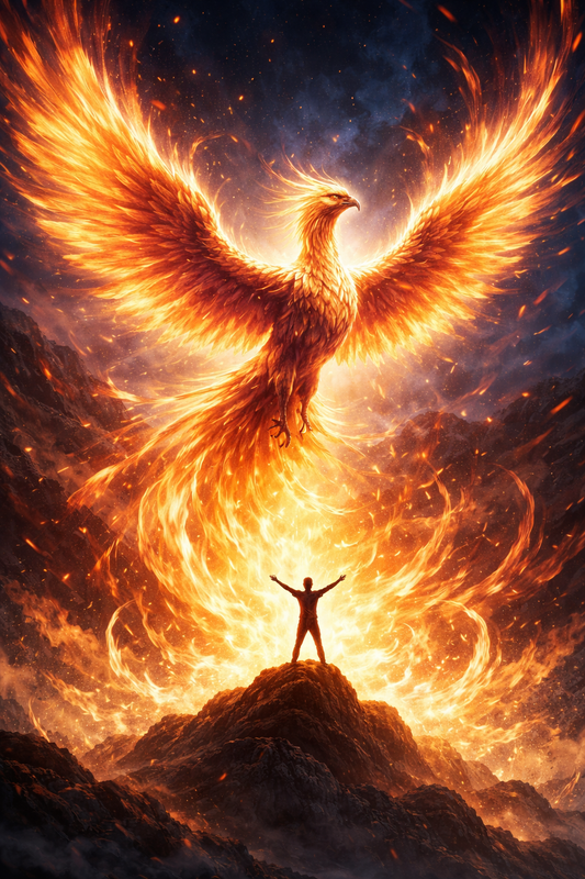 A glowing phoenix rises from flames as a person stands on a rock with arms raised, symbolizing personal growth and transformation.